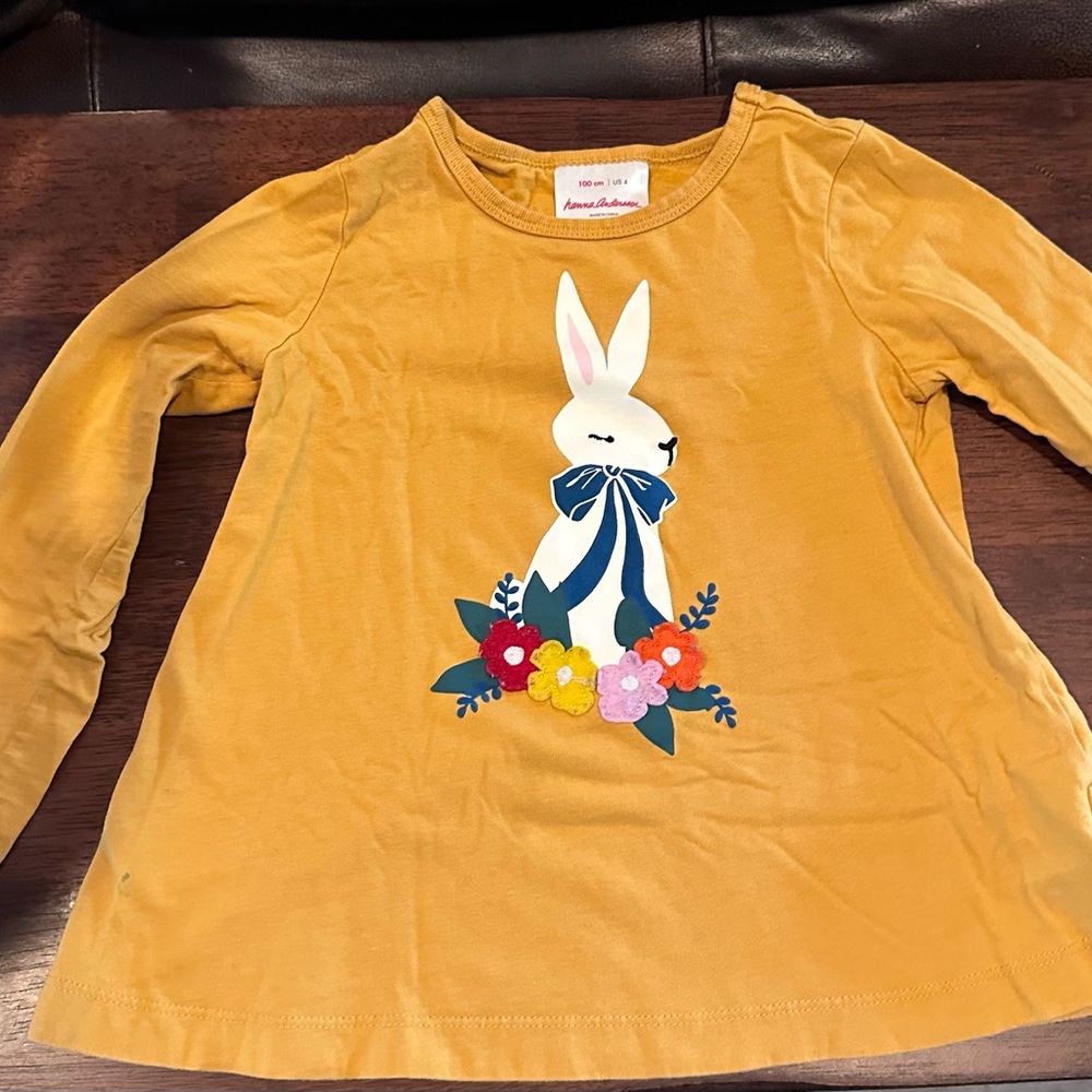 Hanna Andersson Mustard Long Sleeve Shirt with Bunny and Floral Design